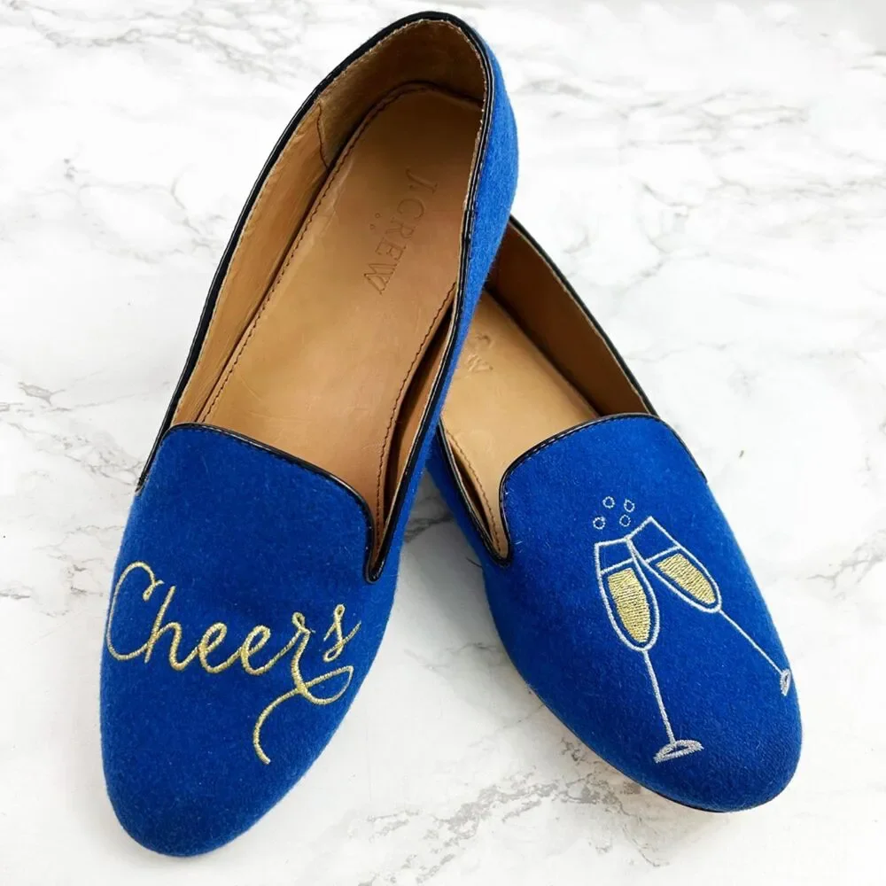 J.Crew Addie Royal Blue Wool Loafers (7) Cheers Champagne Slip On Flats Loafers